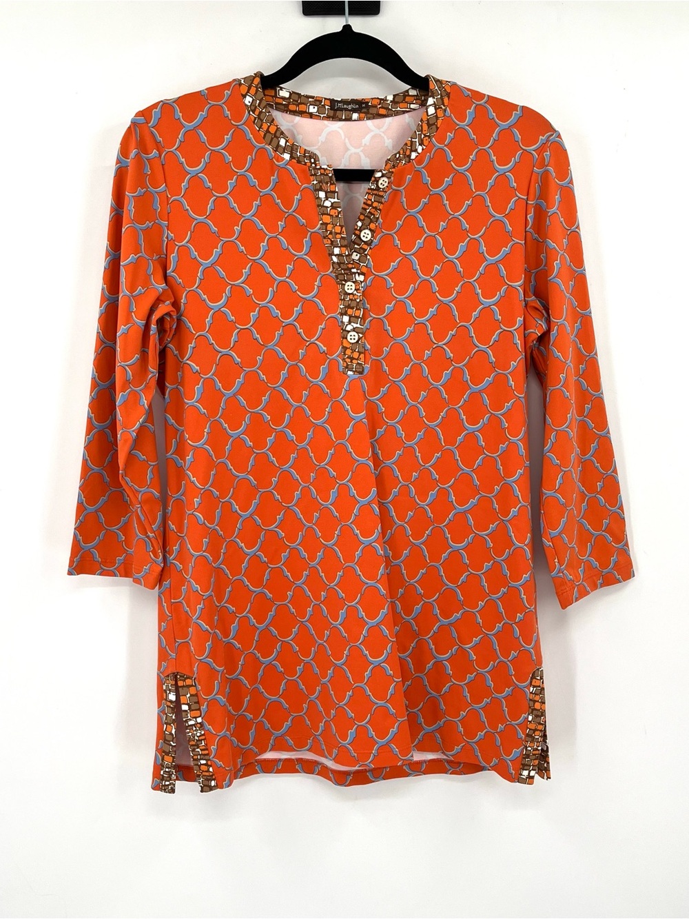 J MCLAUGHLIN Catalina Cloth Tunic Top M Stretch Blouse Orange V Neck 3/4 Sleeve